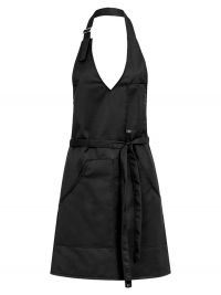 Damen Latzschürze Schwarz mit V-Ausschnitt, aufgesetzten Taschen und verstellbarem Halsband – ideal für Gastronomie, Catering, Bäckereien und Lebensmittelhandel.